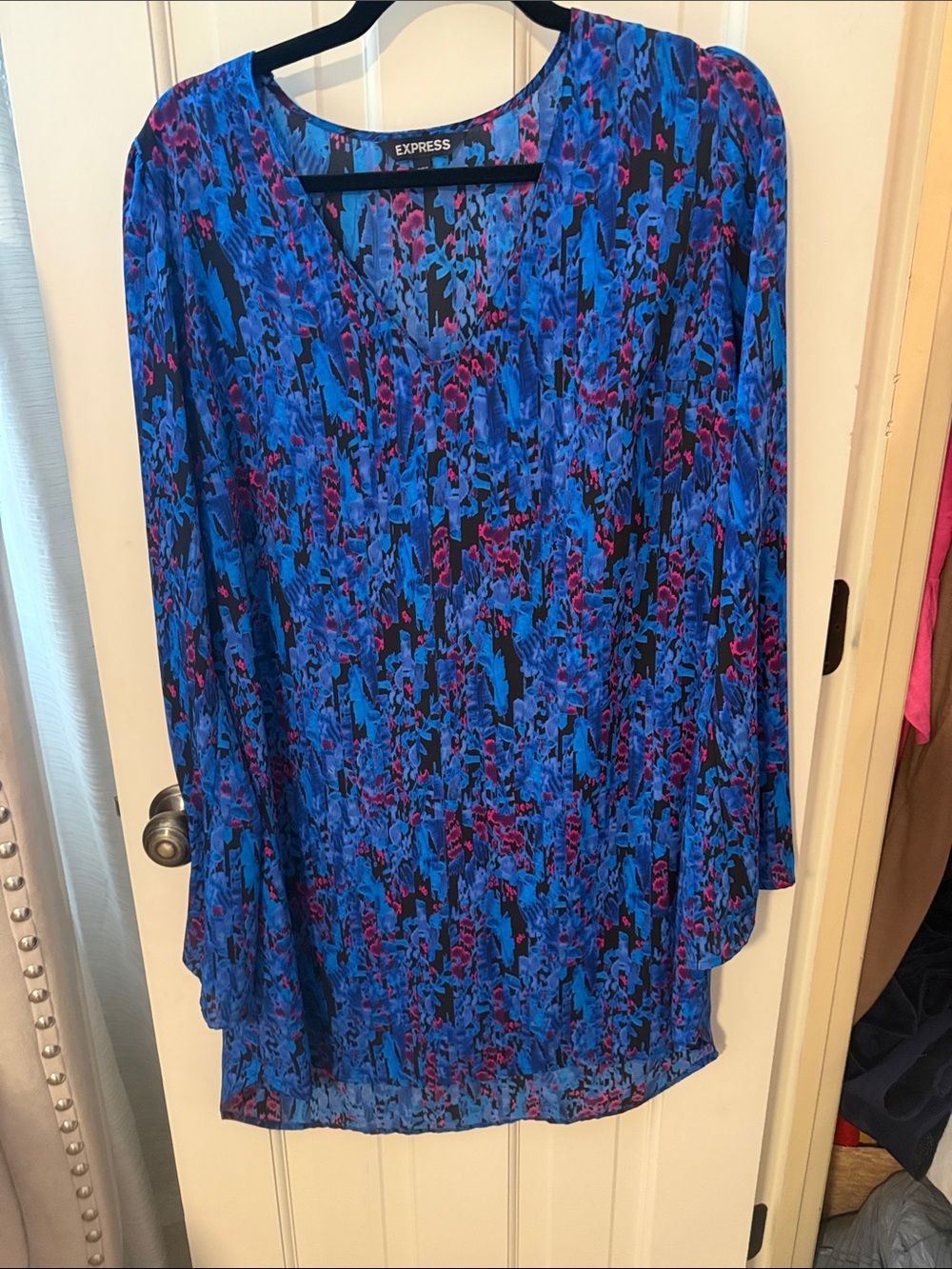 Express Blue and Pink Abstract V-Neck Long Sleeve Dress
